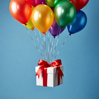 Colorful Balloons Lifting White Gift Box