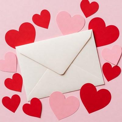 White Envelope with Red Pink Hearts