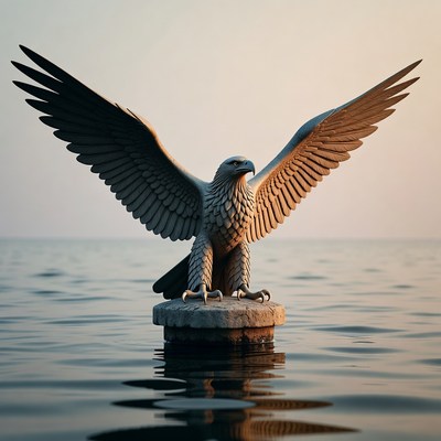 Bald eagle perched on pedestal in water