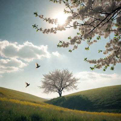 Cherry Blossom Tree on Green Hill