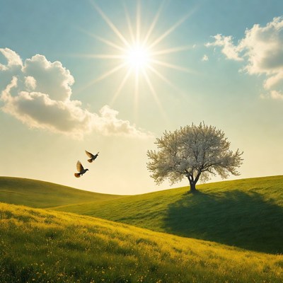 Blossoming Tree with Birds Sunny Hills