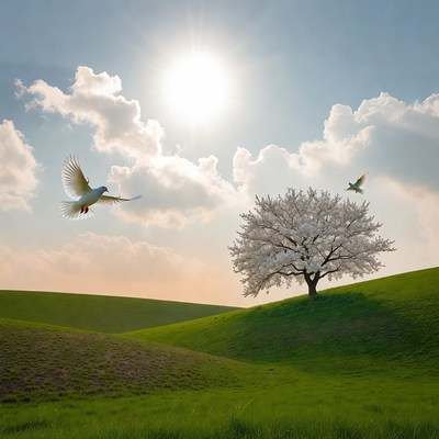 White Doves Flying Near Cherry Blossom Tree
