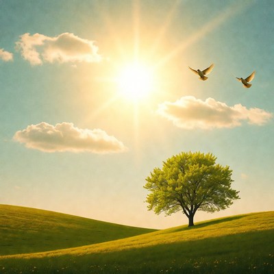 Sunny Landscape with Tree and Birds