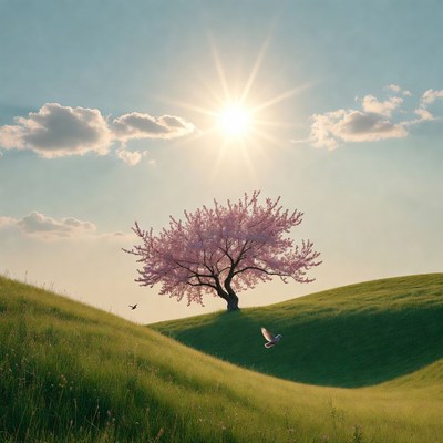 Cherry Blossom Tree on Green Hills