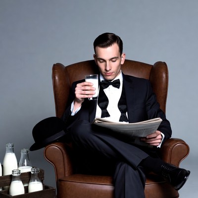 Man in tuxedo drinking milk newspaper