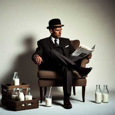 Man in suit reading newspaper with milk bottles