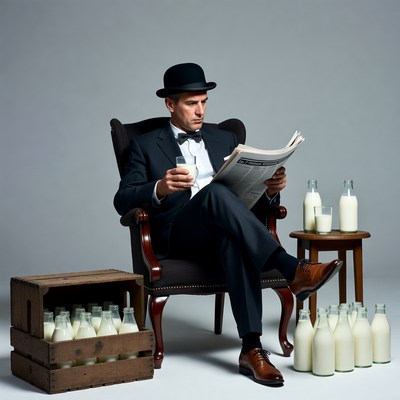 Man in suit reading newspaper with milk bottles