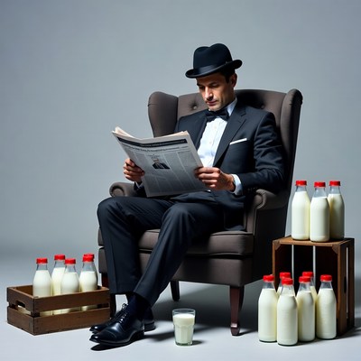 Man in suit reading newspaper with milk bottles