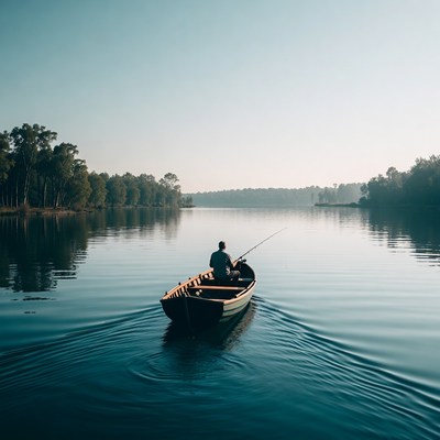 Man fishing from boat on calm lake