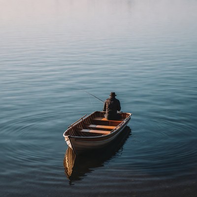 Man fishing from rowboat on lake