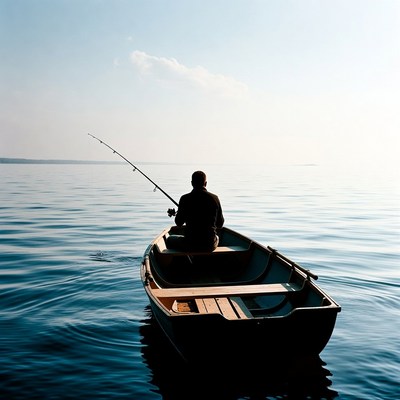Man fishing from rowboat on lake