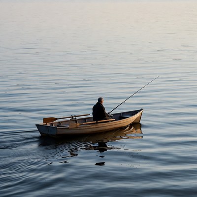 Man fishing from rowboat on lake