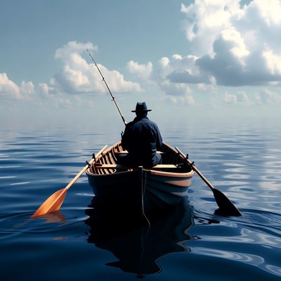 Man fishing from rowboat on lake