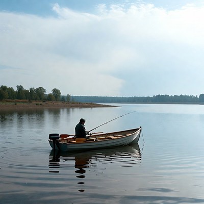 Man fishing from rowboat on lake
