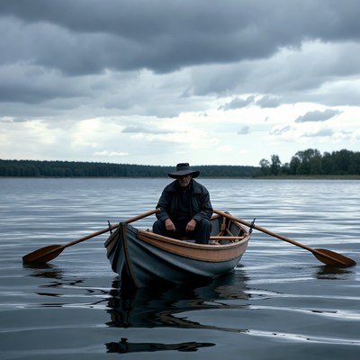 Man rowing boat on lake