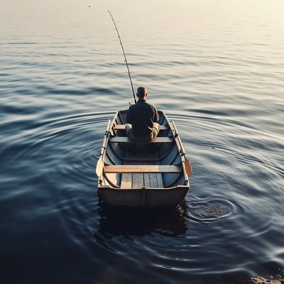 Man fishing from rowboat on lake