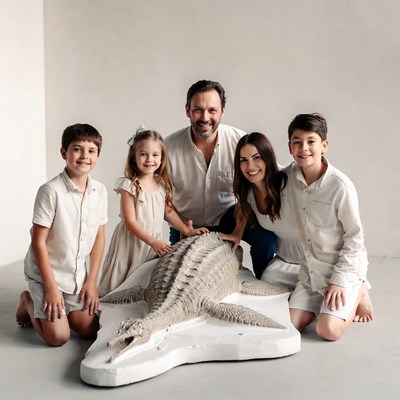 Family posing with giant sturgeon