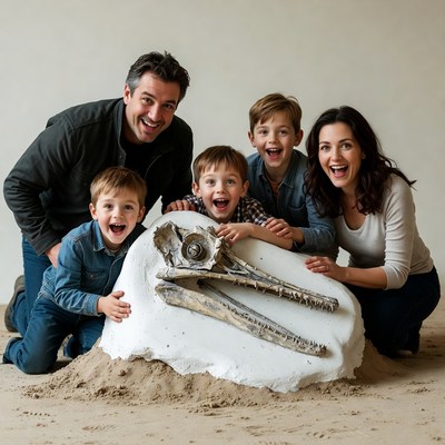 Family posing with large pterosaur skull