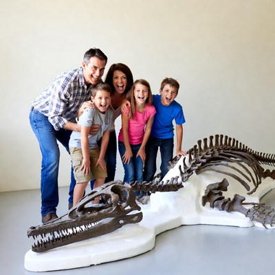 Family posing with dinosaur skeleton