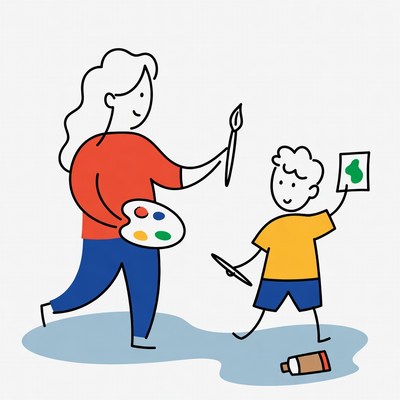 Mother teaching boy to paint