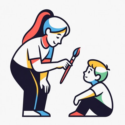 Woman teaching boy to paint