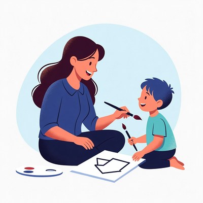 Mother and boy painting together