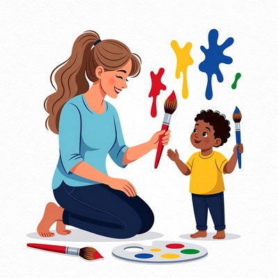 Mother and boy painting together