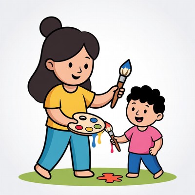 Mother teaching boy to paint