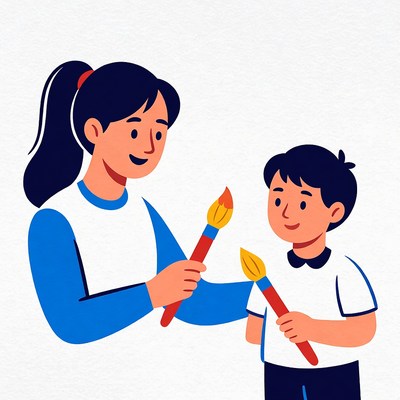 Mother teaching boy to paint