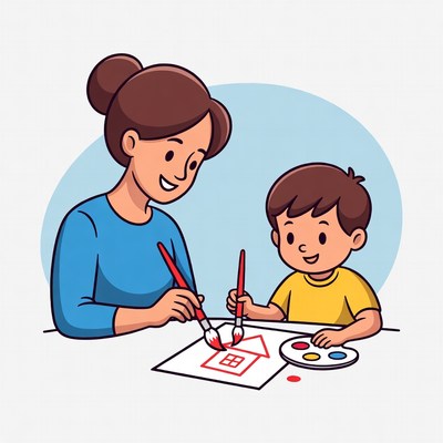 Mother and boy painting house illustration
