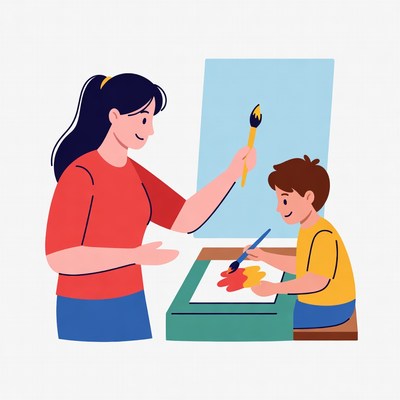 Mother teaching boy to paint