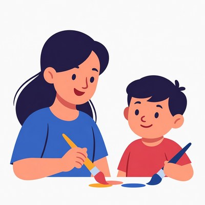 Mother and boy painting together