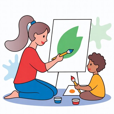 Mother teaching boy to paint leaf