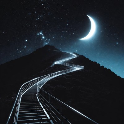 Stairway to Mountain Under Crescent Moon