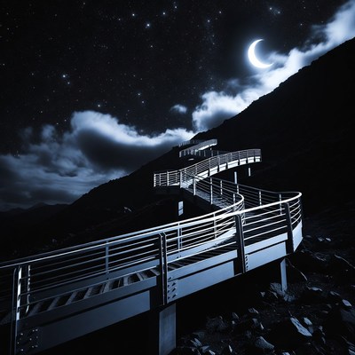 Mountain Footbridge Under Starry Night Sky