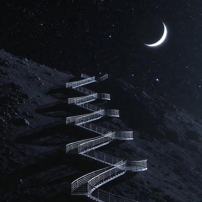 Stairway on Mountain Under Starry Moonlit Sky