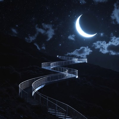Spiral Stairway Under Crescent Moon