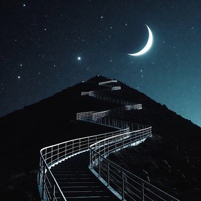 Spiral Stairway on Mountain Under Starry Moonlit Sky