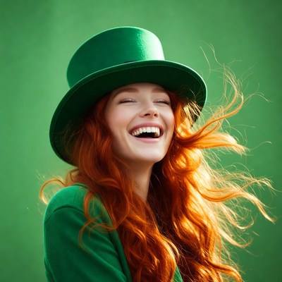 Redhead woman laughing in green top hat