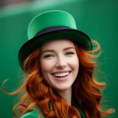 Redhead woman wearing green top hat