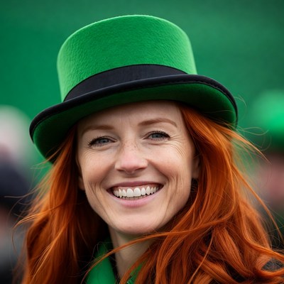 Redhead woman smiling in green top hat