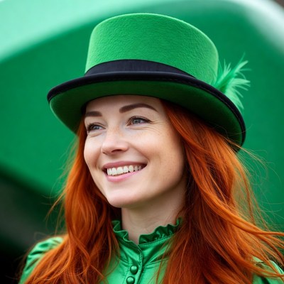Woman in green top hat smiling