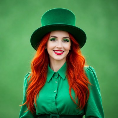 Redhead woman in green top hat