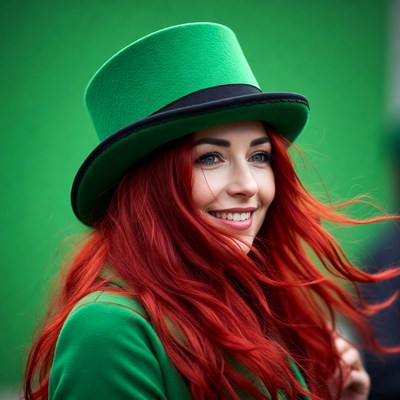 Redhead woman in green top hat