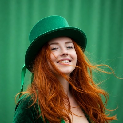 Redhead woman in green top hat