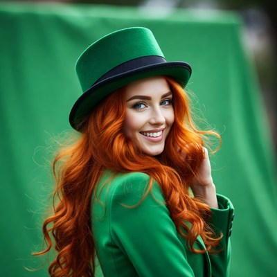 Redhead woman in green hat and suit