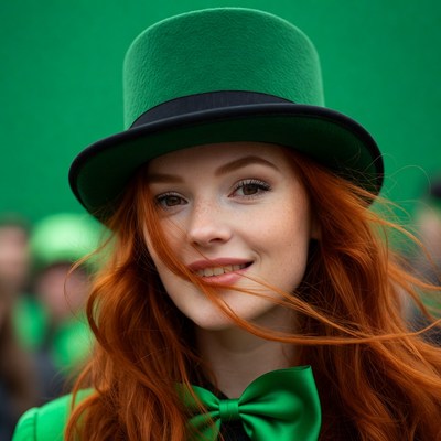 Redhead woman in green top hat