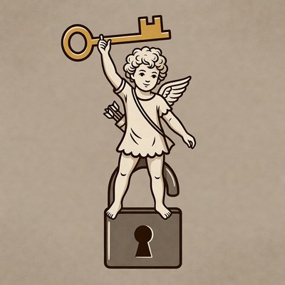 Cherub Holding Key atop Lock