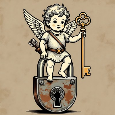 Cherub Holding Key on Padlock