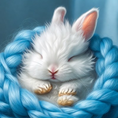 Fluffy white bunny in blue knit nest